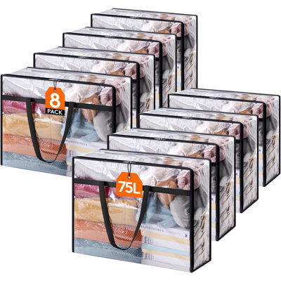 8-Pack Clear Clothes Storage Bags, 75L Blanket Storage Bag, Vinyl Foldable Bags, Closet Organizers