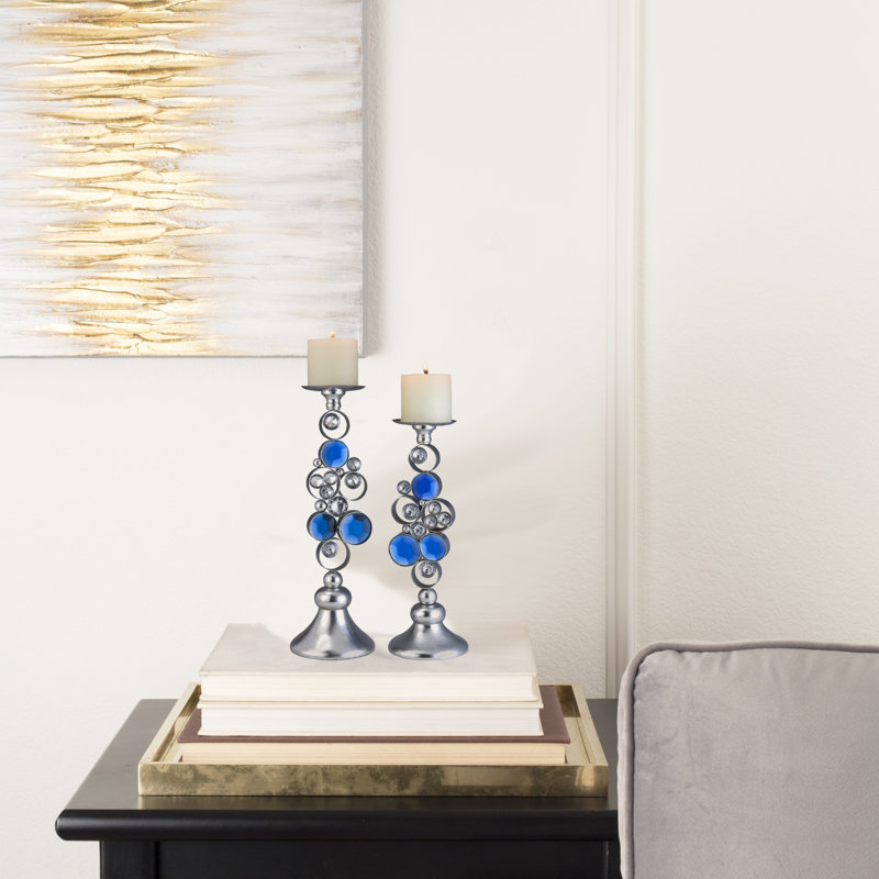 14" And 16" Tall Polyresin" Dazzle" Candleholder, Silver Finish (set Of 2)