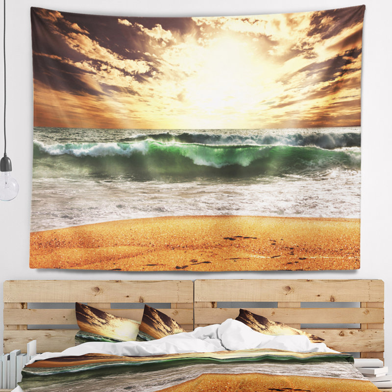 Raging vagues vert à coucher de soleil à coucher de mer tapisserie, H 50 po x l 60 po