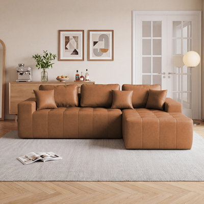 Faux Leather Corner Chaise Compression Sofa Bed, L-Shaped Sectional Couch with High-Density Sponge, No-Assembly Required Convertible Sofa for Living Room, Apartment