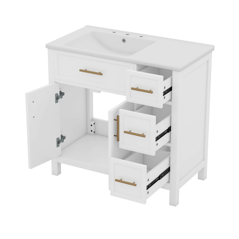 36" Bathroom Vanity With Sink Top, Two Doors And Three Drawers, White