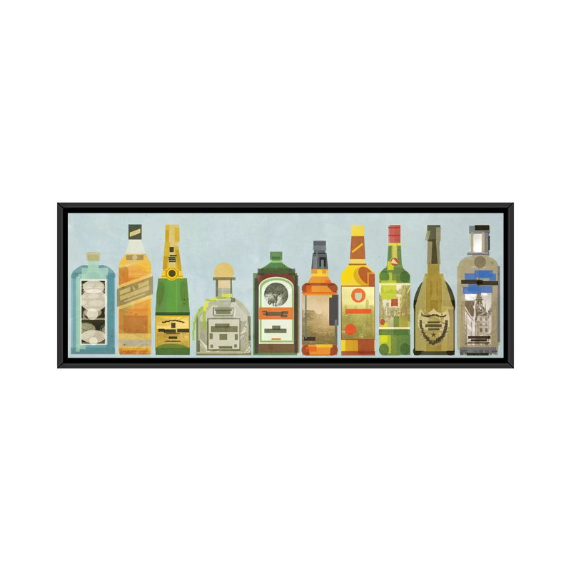 «Liquor Bottles Pano», art mural sur toile tendue, H 16 po x l 48 po x P 1,5 po, Toile avec cadre noir