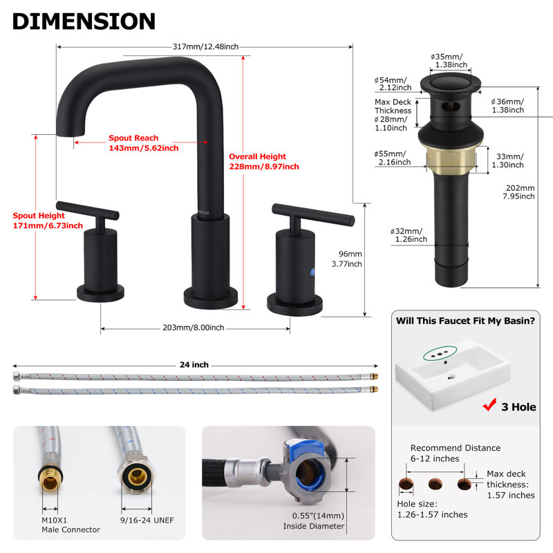 Widespread 2 Handles Bathroom Faucet with Water Supply Lines, Matte Black, With Pop Up Drain