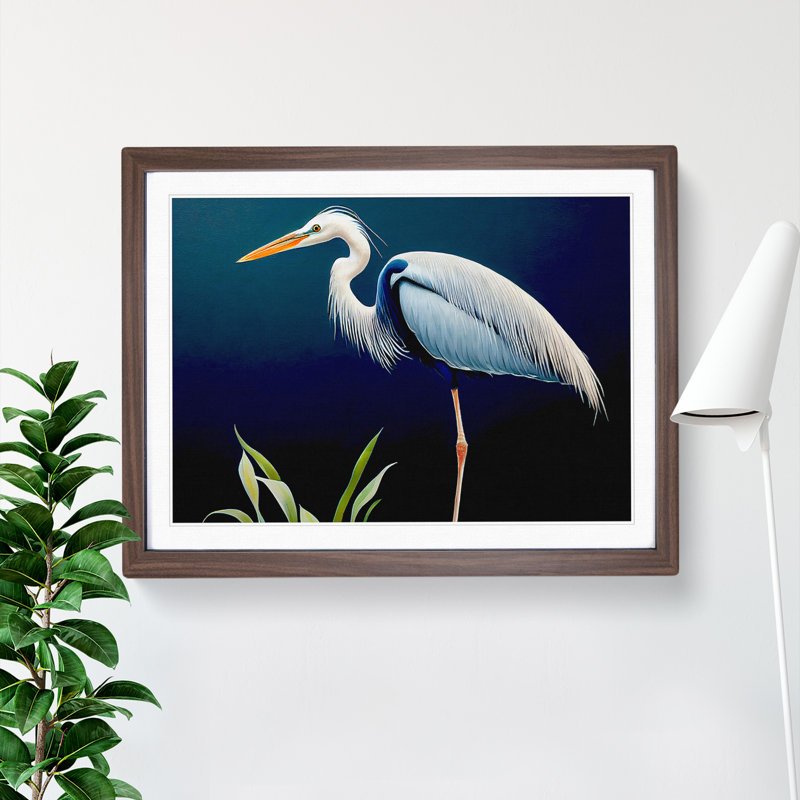 Exciting Heron Bird - Single Picture Frame Print, 46cm H x 64cm W x 2cm D, Walnut