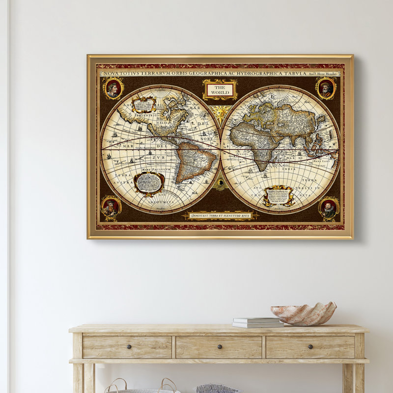 Carte du monde décorative - reproduction de cadre photo sur toile, Doré, H 30,5 po x l 42,5 po x P 1,5 po