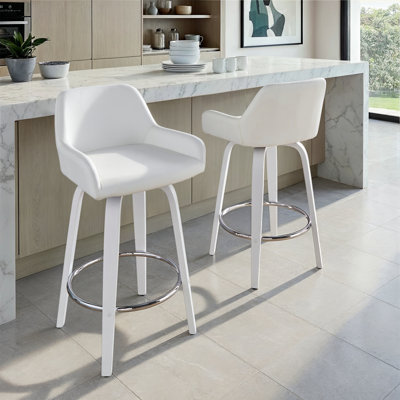 Tabouret de bar à hauteur fixe avec pivot en bois blanc et similicuir blanc avec repose-pieds rond chromé - ensemble de 2