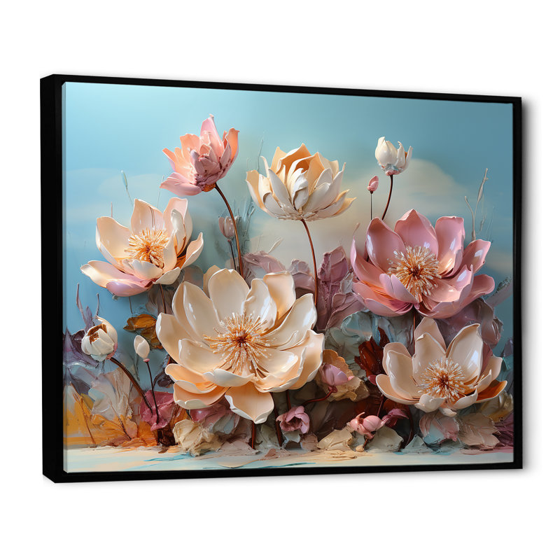 Fleur de lotus rose moderne - impression, Cadre flottant noir, H 24 po x l 32 po x P 1 po