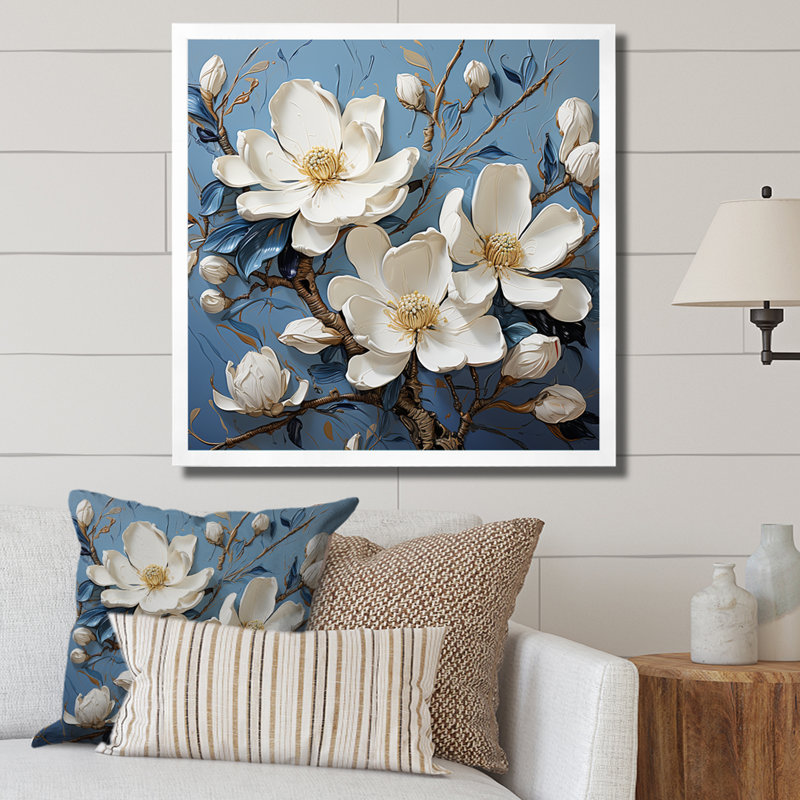 «Magnolia Blooming Elegant II» bleu et blanc sur toile, Cadre simple blanc, H 30 po x l 30 po x P 1 po