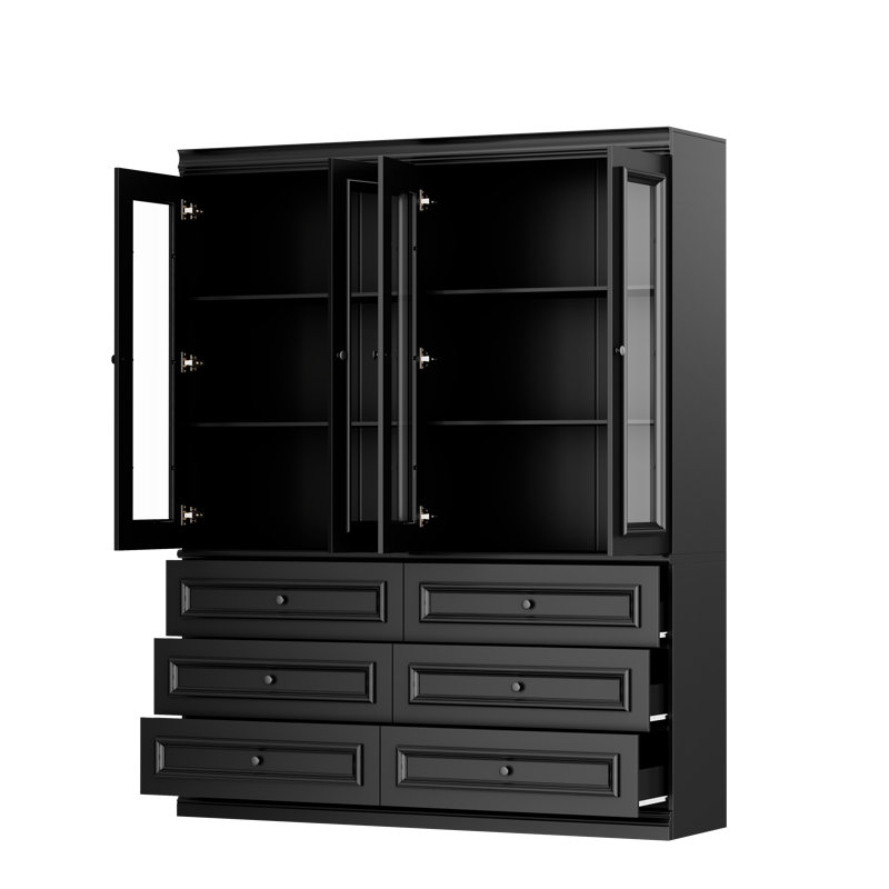 Ensemble d'armoires de bureau 78,7 po en verre noir avec 12 tiroirs
