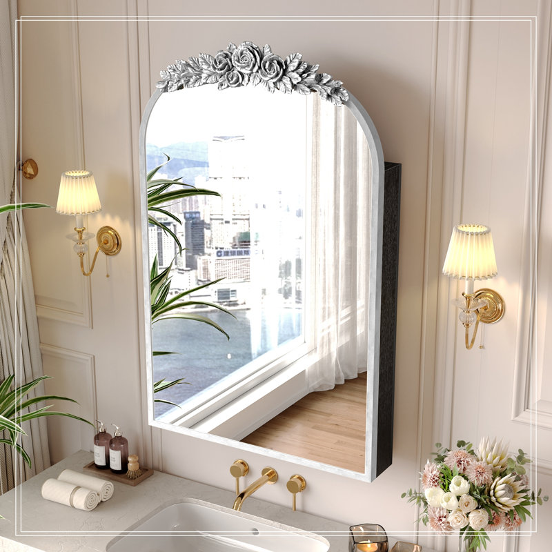 Armoire de toilette murale avec miroir, rangement et tablette ajustable, Argent antique