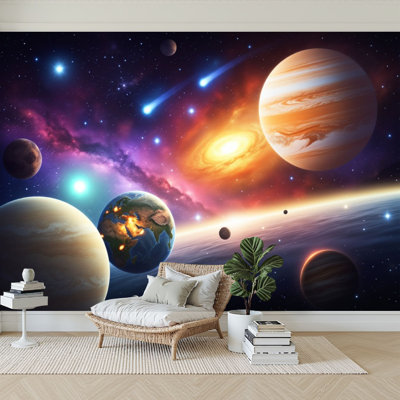 Peel and Stick Wallpaper 96" W x 69" H Modern Self Adhesive Wall Mural for Bedroom Vibrant Spiral Galaxy Swirls Cosmic Milky Way Starry Sky Planets
