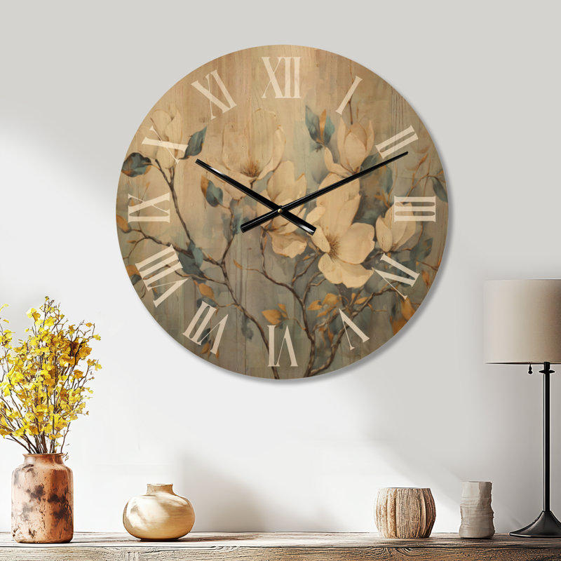 Très grande horloge murale en bois à motif floral - tranquillité de magnolia blanc et bleu, Large