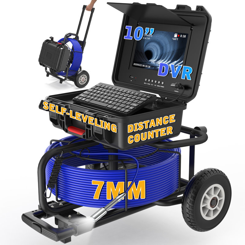 Caméra d'égout auto-nivelante Powerwill, 196 pi avec écran IPS de 10 po, caméra de contrôle de distance de tuyau avec clavier