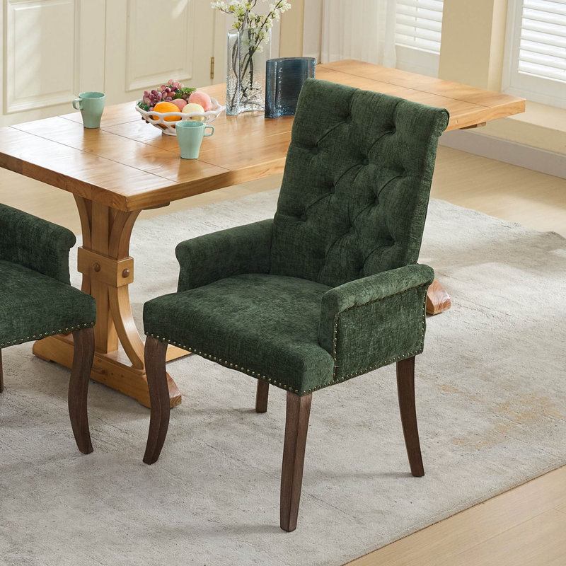 Chaise de salle à manger rembourrée en tissu, pieds courbés en bois massif, Vert olive