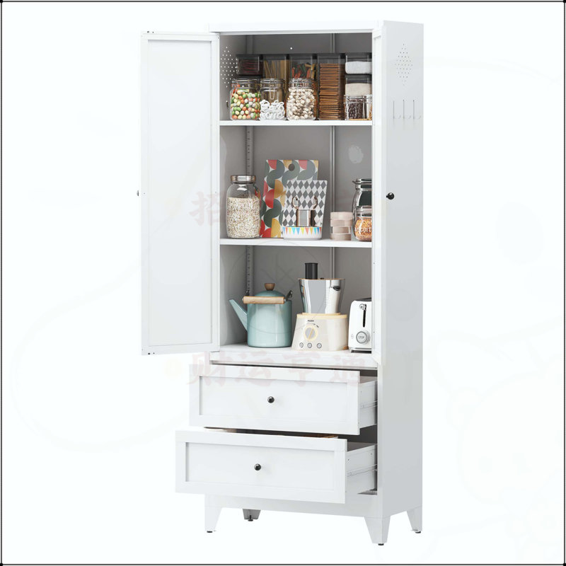 Garde-manger de 72 pouces en acier blanc avec 2 tiroirs, rangement de cuisine autoportant avec tablettes réglables, organisateur robuste