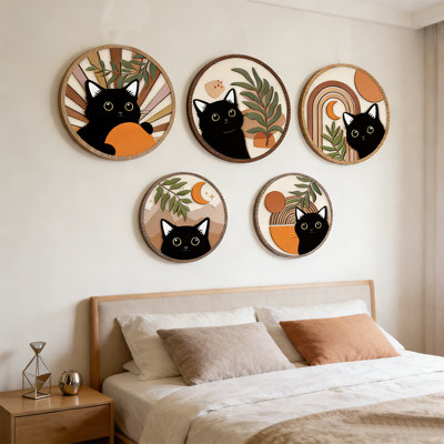 Boho, art mural de chat noir, décoration de chambre de chat noir, 5 pièces de décoration de chat géométrique en bois de style campagnard lune de Bohème de style Mid-Century pour chambre de bébé, cadeaux parfaits pour les amoureux des chats