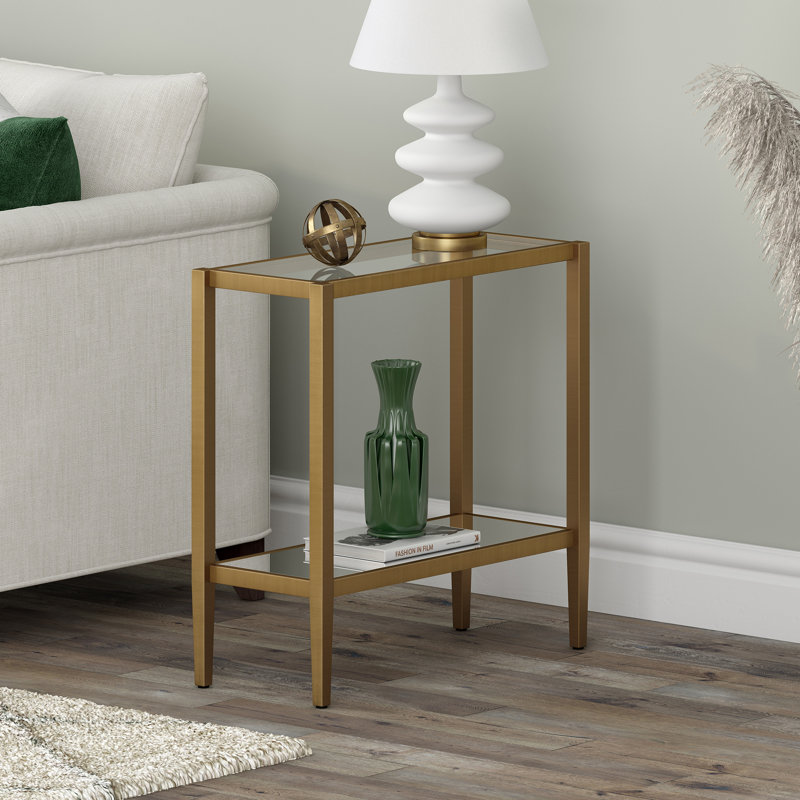 Hera Rectangular Side Table With Mirrored Shelf, Antique Brass