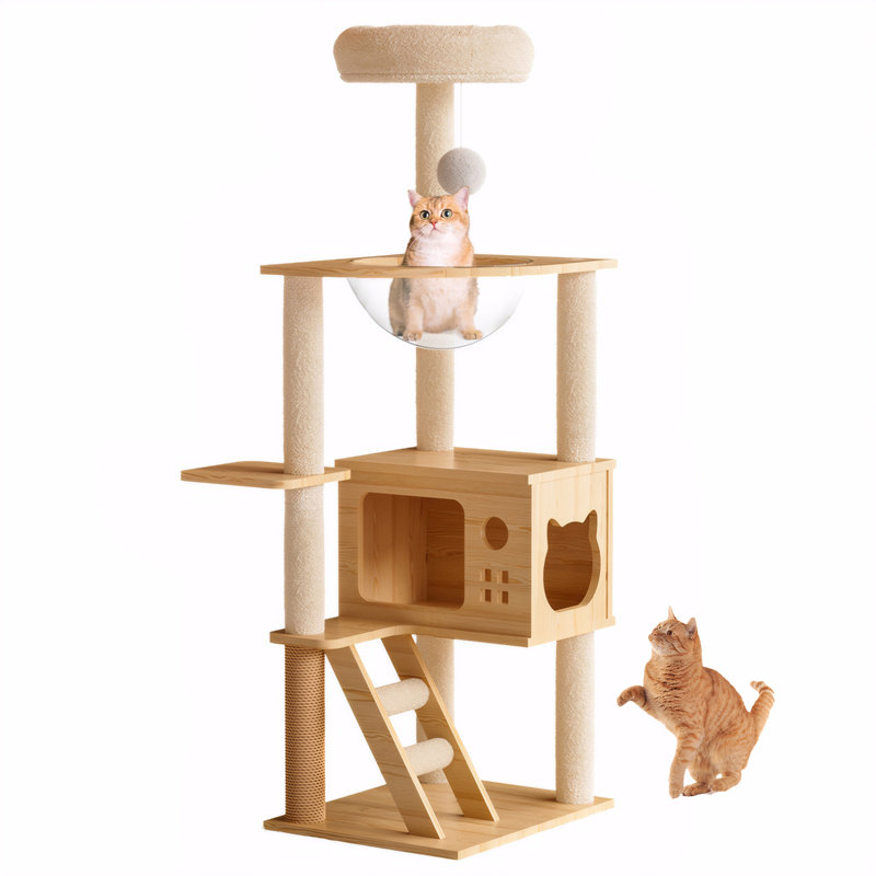Arbre à chat moderne en bois de 124 cm (48,8 po) pour chats d'intérieur, avec poteaux à griffer en sisal, perchoir supérieur, niche et hamac en acrylique pour chats de toutes tailles, brun clair naturel