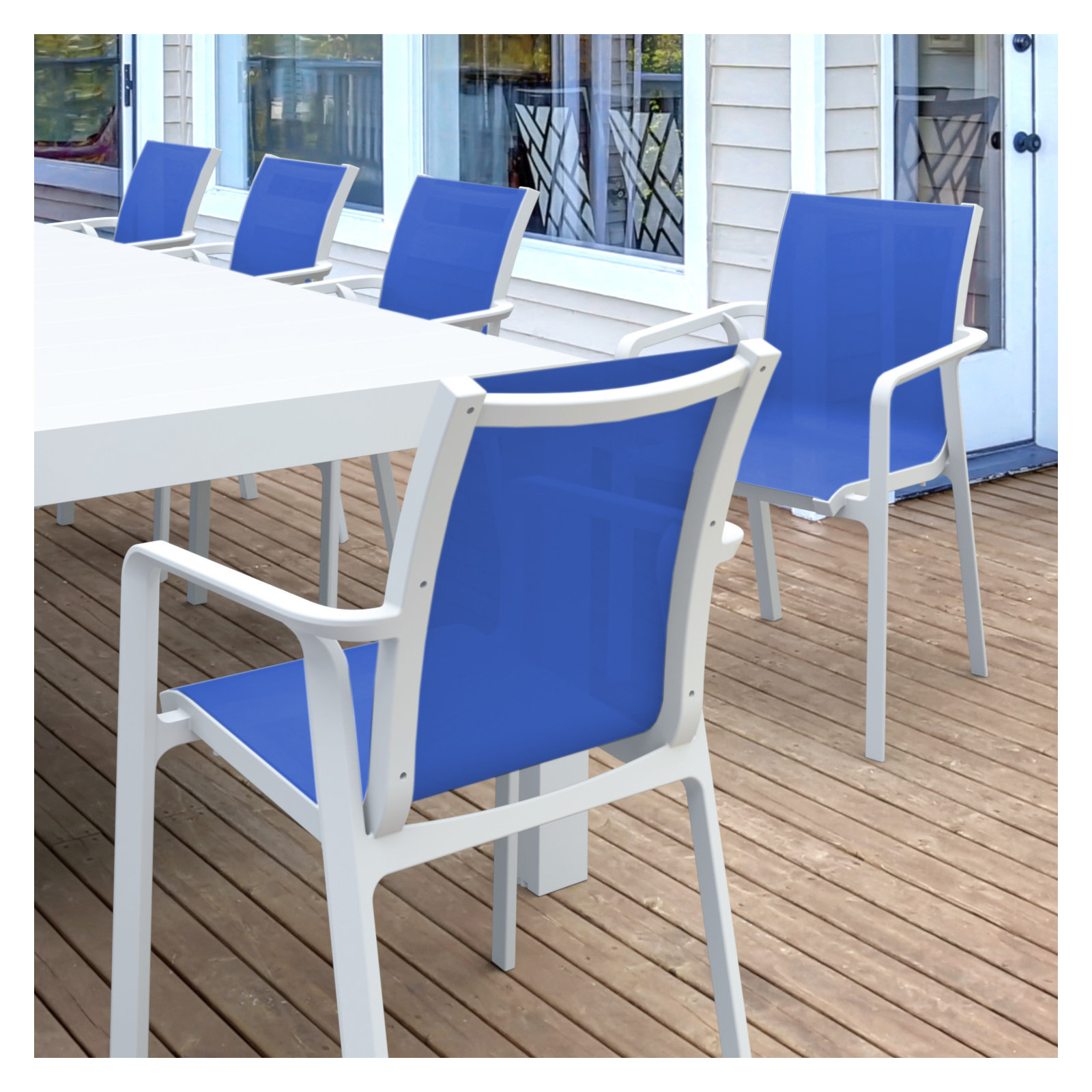 Farrah 118'' Rectangular 10 - Person Outdoor Dining Set, White/Blue