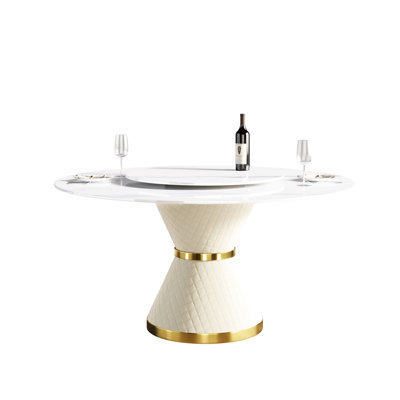 60.26" Sintered Stone Round Table - White, Accommodates 6, With Carbon Steel Base & Rotating Disk, To Burns And Fouls White Dining 6 People, Stable Rotatable Scratches Flames