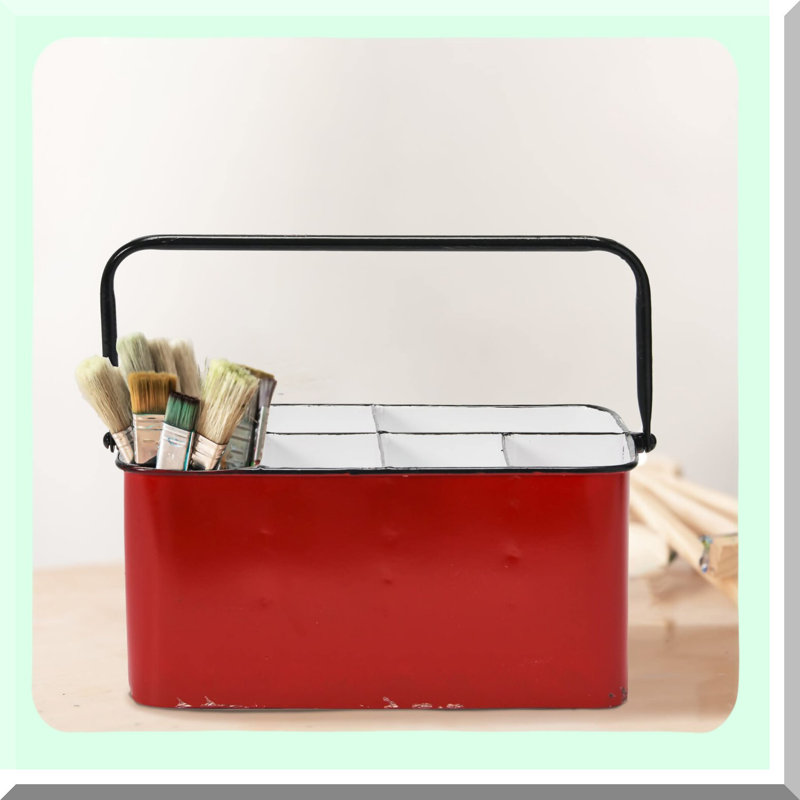 Rustic Charm 6-Compartment Metal Storage Caddy - Distressed Red & White with Handle