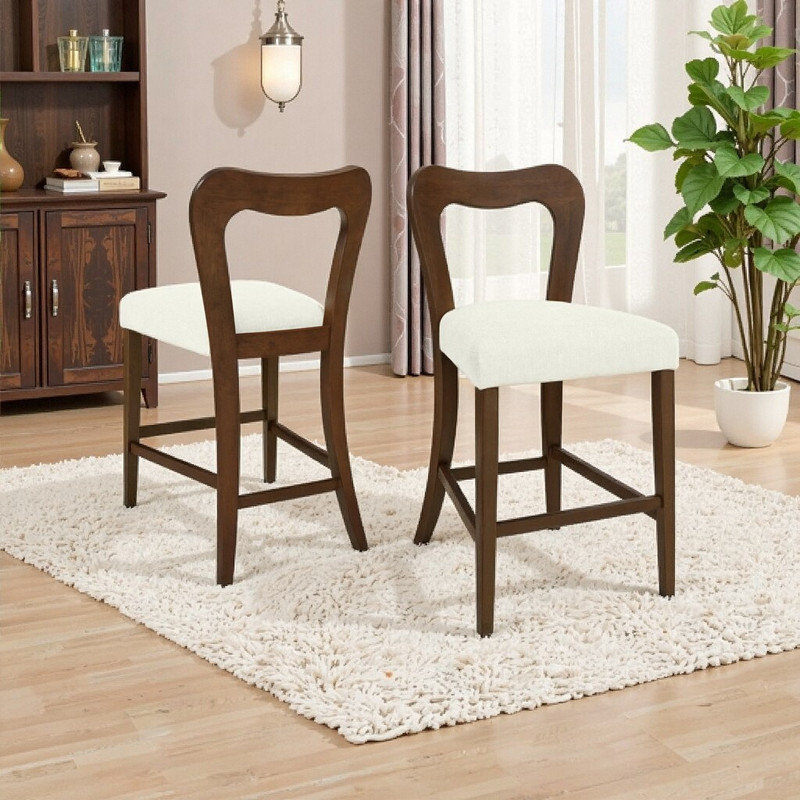 Ensemble de 2 tabourets à hauteur de comptoir en bois d'hévéa massif sans accoudoirs, Blanc, Noyer
