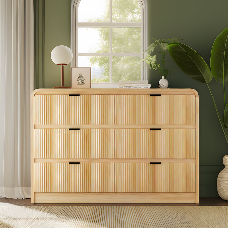 Fluted 6 Drawers Dresser for Bedroom, 54" Wide Wooden Dresser with Metal Handle, Curved Profile Design, Modern Storage Organizer for Living Room, Hallway