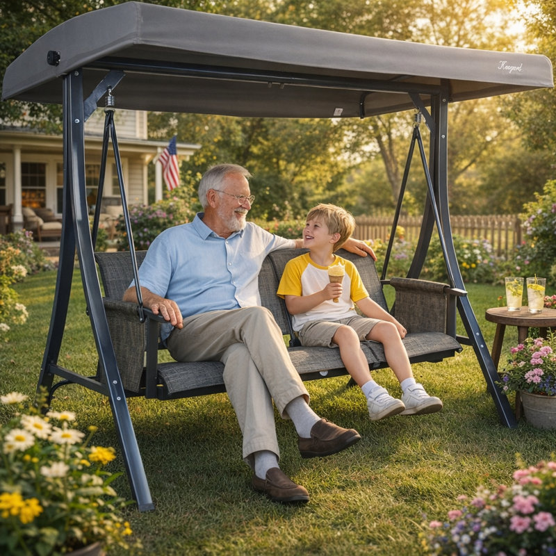Kozyard Brenda 3-Seat Outdoor Porch Swing Glider, Patio Swing with Adjustable Canopy, Heavy-Duty Steel Frame, Breathable Textilene Seat and Backrest, Side Pockets, Gray