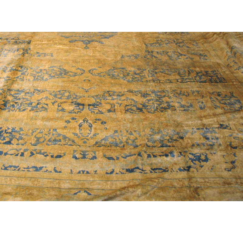 1920s Blue Medallion Antique Indian Lahore Carpet 14'x23' Handknotted Wool Rug
