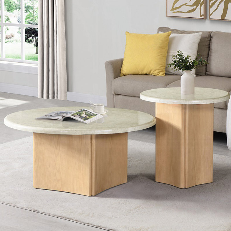Round Faux Marble Top End Table With Wooden Curved Base In White And Oak