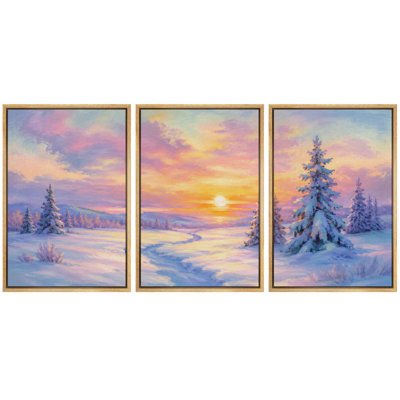 Pastel Winter Sunset Snow Landscape Artwork, Bedroom Pictures, Framed Canvas Giclee Print 3 Pieces Wall Art - 16"x24"x3pcs, 24"x36"x3pcs