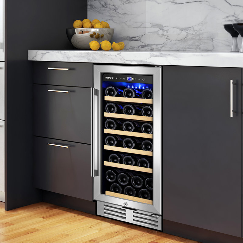 15 Inch Single Zone Wine Refrigerator, Mini Wine Cooler, Holds 30 Bottles, Built-In or Freestanding with LED Light, Safety Lock, Removable Shelves – In Silver and Black Options