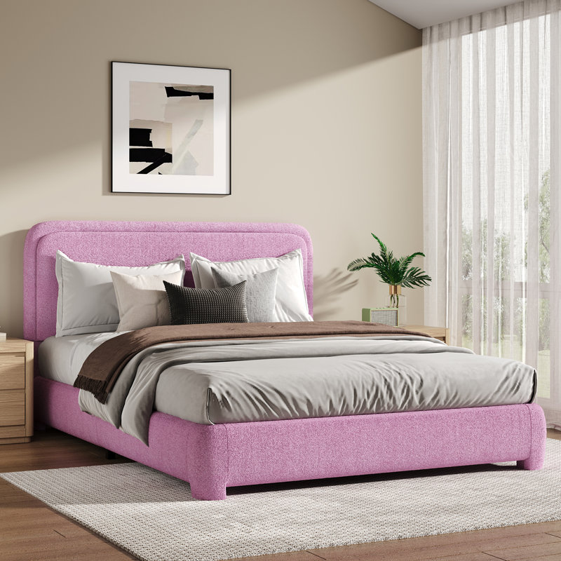 Lit plateforme tapissier Bensu Boucle, Lit double, Rose