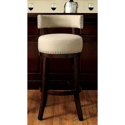 25" Swivel Bar Stools, Of 2, Dark Oak Solid Wood Legs, Beige Fabric Padded Seats, Contemporary Design For Kitchen Upgrading Seats And Backrests, Wooden Transitional Design, Interior Decor