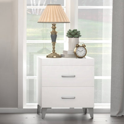 Chambre à coucher avec table de chevet blanche à 2 tiroirs, pieds en métal et structure en bois de peuplier, extension 3/4 avec glissière centrale, avant et arrière anglais, table de chevet intérieure à tiroir de L 15 po x l 12 po x H 5 po