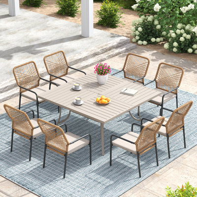 8-Person Patio Dining Set with Extra Large Square Dining Table and Cushioned Stackable Rattan Chairs