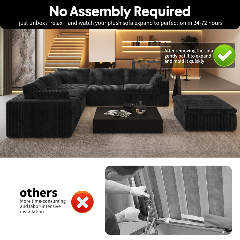 Boneless 6 Seater Modular Corner Sectional 6-Piece Plush Corduroy Sofa,118"W Cloud Couch with Ottoman,No Assembly Required Boneless Couch