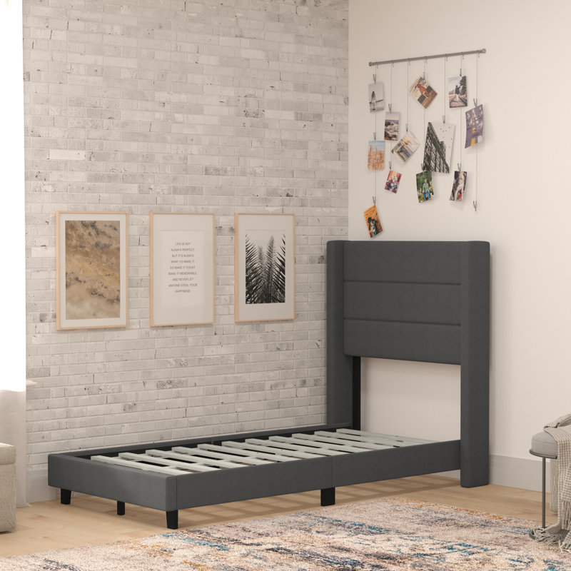 Upholstered Platform Bed with Wingback Headboard, Mattress Foundation with Slatted Supports, Twin, Charcoal