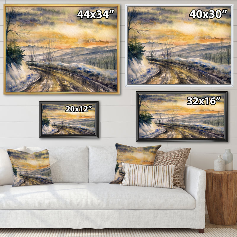 Paysage enneigé à travers la neige II - peinture sur toile, H 30 po x l 40 po x P 1,5 po, Cadre flottant doré
