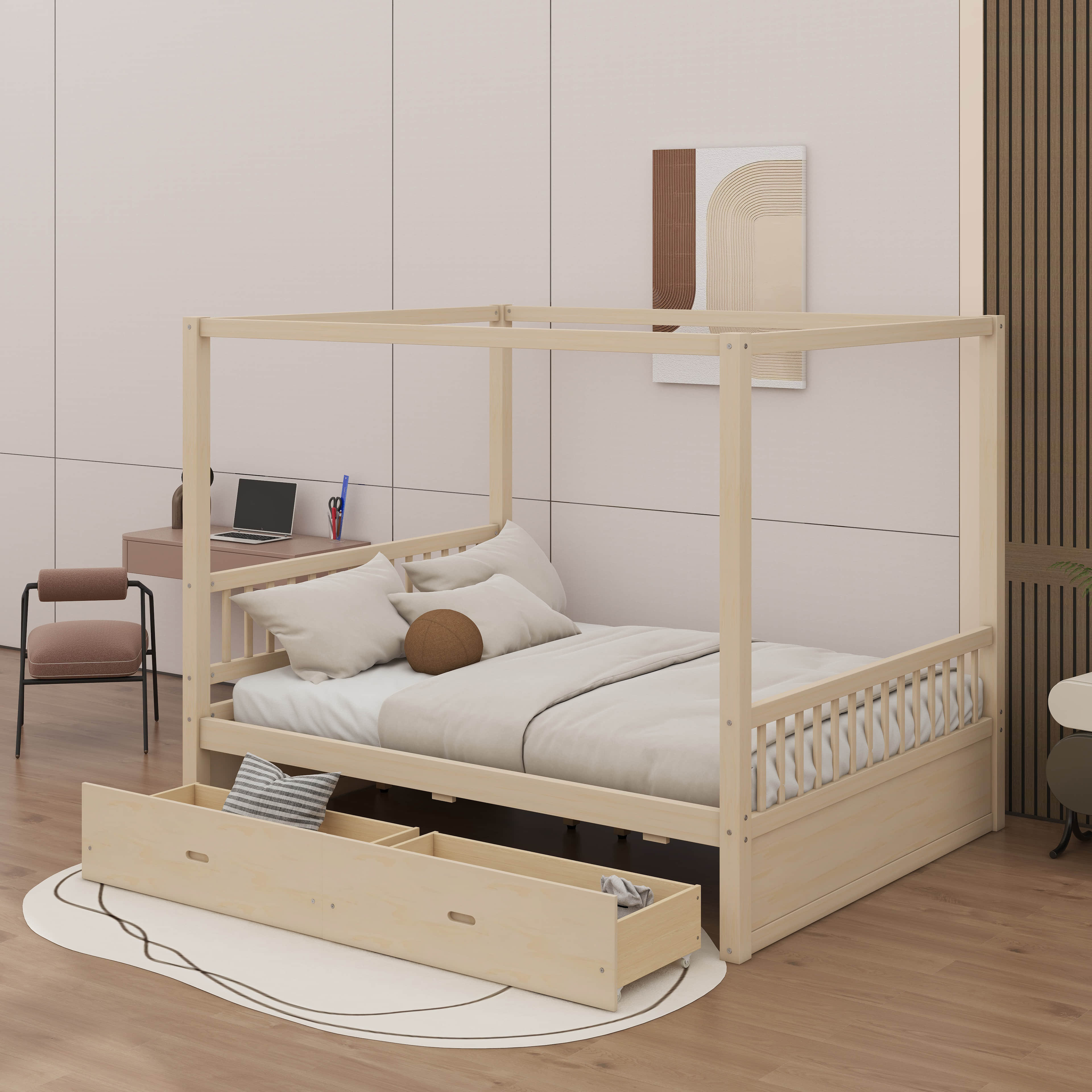 Ebern Designs Wooden Canopy Bed Outfitted With Storage Drawers | Wayfair