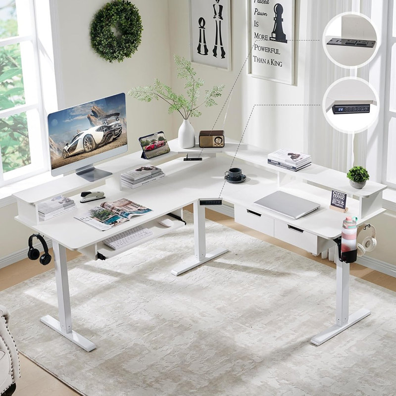 Bureau debout électrique en L, bureau de jeu d'angle réglable en hauteur avec tiroirs, plateau à clavier, prises de courant et lumières DEL