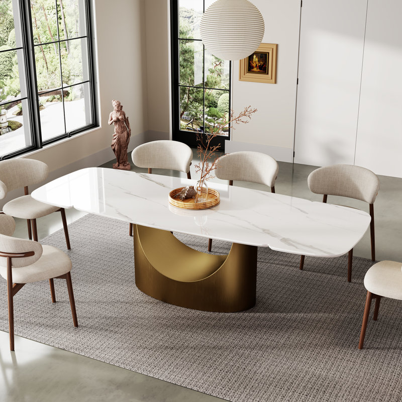 Table de salle à manger extensible 94,5 po à 10 sièges modernes avec fond doré et faux marbre blanc