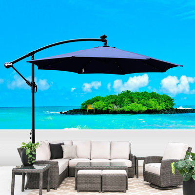 Parasol de patio extérieur à énergie solaire 10 pieds, imperméable, 8 nervures, manivelle, base croisée pour terrasse de jardin avec piscine, cour simple au bord de la piscine