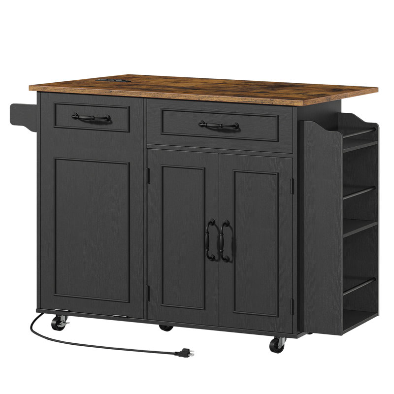 39.4" Kitchen Island with Power Outlet & Drop Leaf, Mobile Rolling Cart with Trash Can Storage, 3-Tier Spice Rack, Black