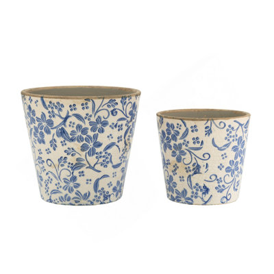Ceramic Planters with Floral Motif - Set of 2 - Blue /White
