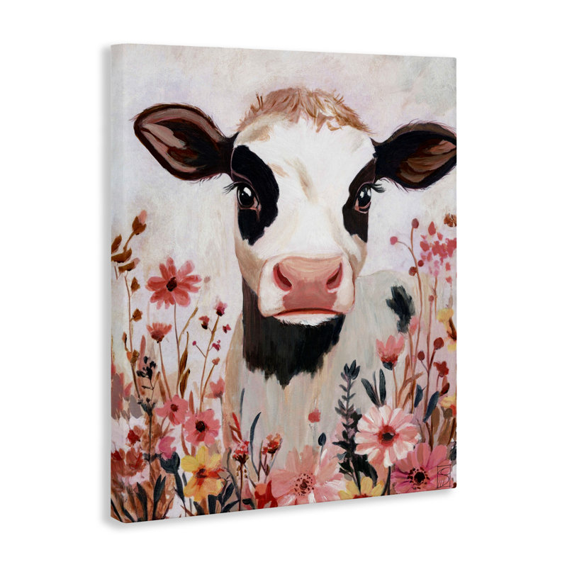 Vache et toile de fleurs sauvages roses, design par Sara Culpepper, H 48 po x l 36 po