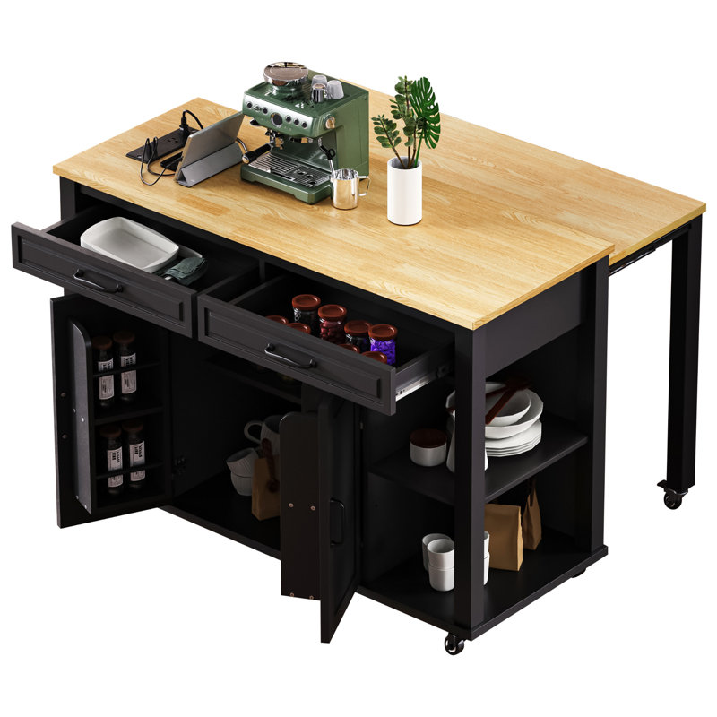 Cresong 33.5'' W Kitchen Island with Extendable Dining Table, Rubber Wood Veneer Kitchen Table, Power Outlet, Black