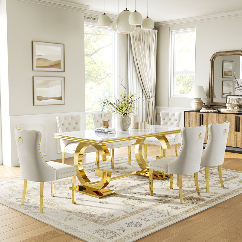 70.08" Rectangular Dining Table Set Of 5, Tempered Glass Top With Double-G Base, 4 Upholstered Velvet Dining Chairs With Nailhead Trim