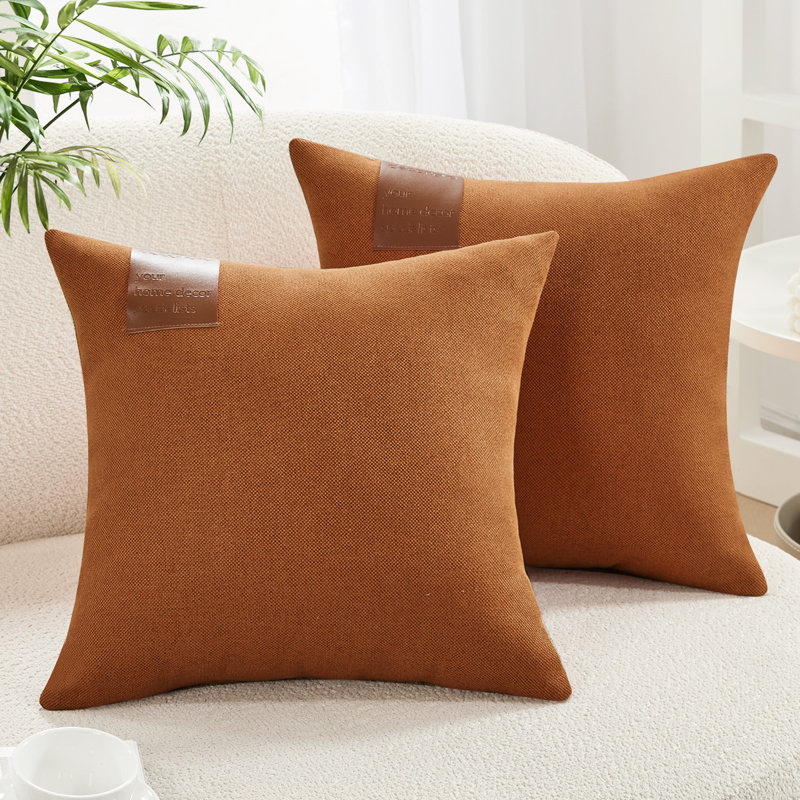 Decorative Solid Pillow Covers with Leather Label (Set of 2), Saddle Brown, 16"H x 16"W