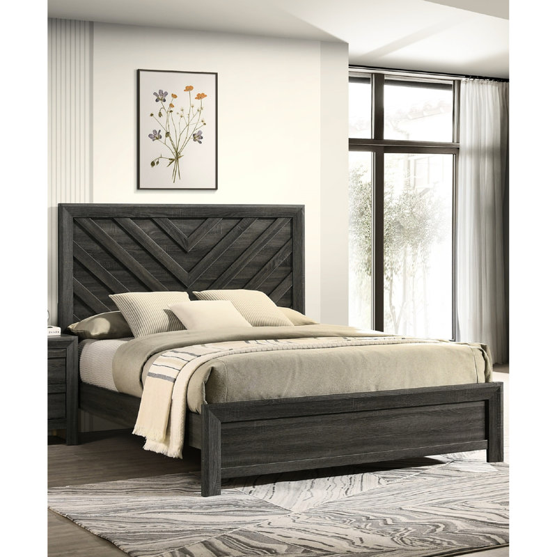 Rustic Grey Finish Full Size Bed With Geometric Design And Pattern, Contemporary Bedroom Furniture Of Solid Wood Frame In Style Finish, Headboard